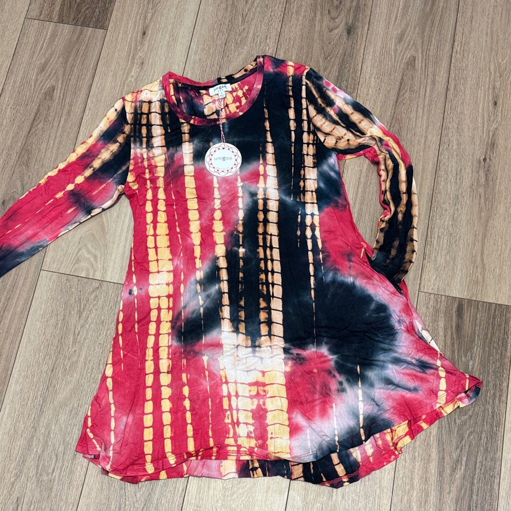 Umgee NWT FIT & FLARE FUSCIA TAN BLUE BLACK Tie-Dye MINI RAYON MINI DRESS